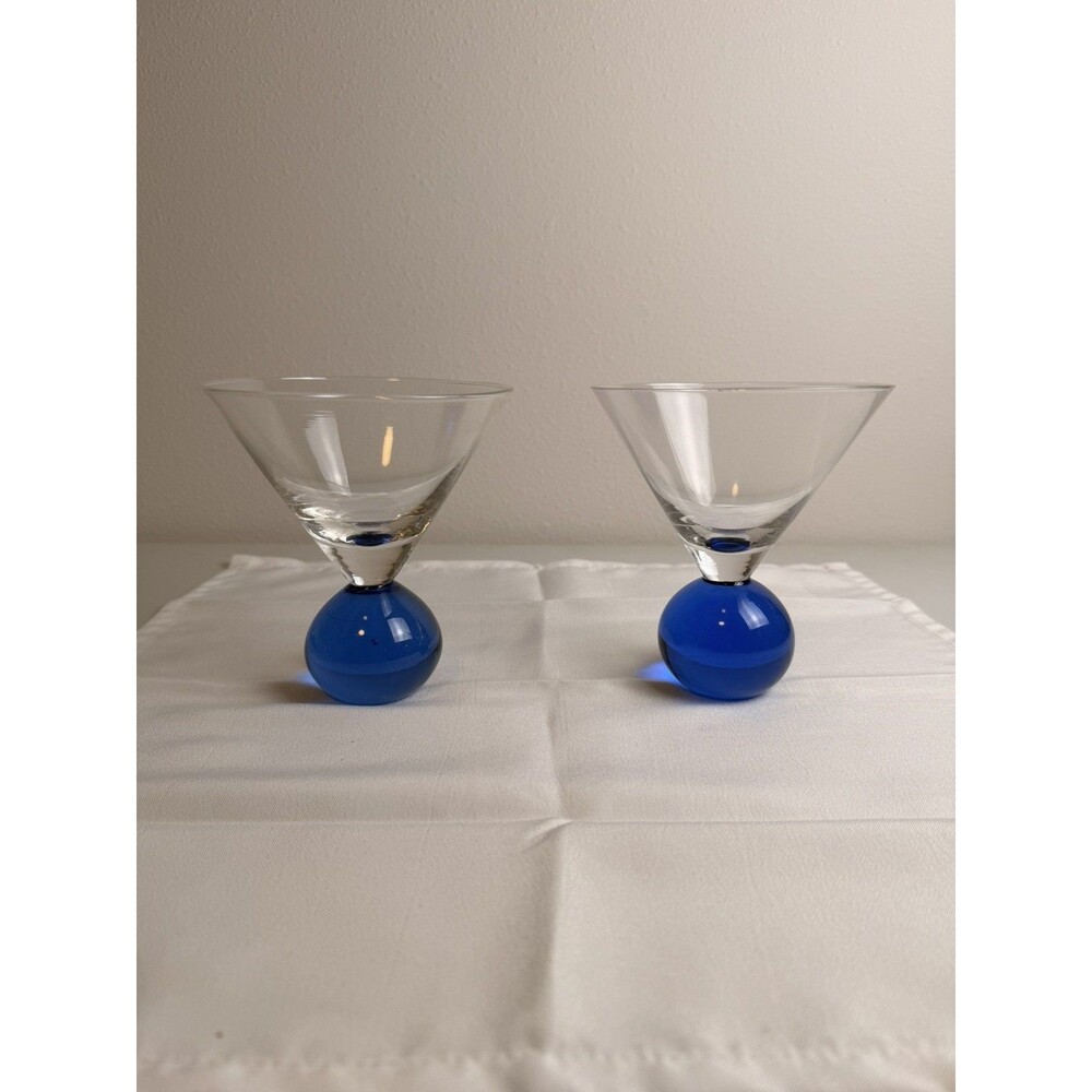 Hand Blown Clear Martini Glasses Set of 2 with Blue Bubble Base Heavy